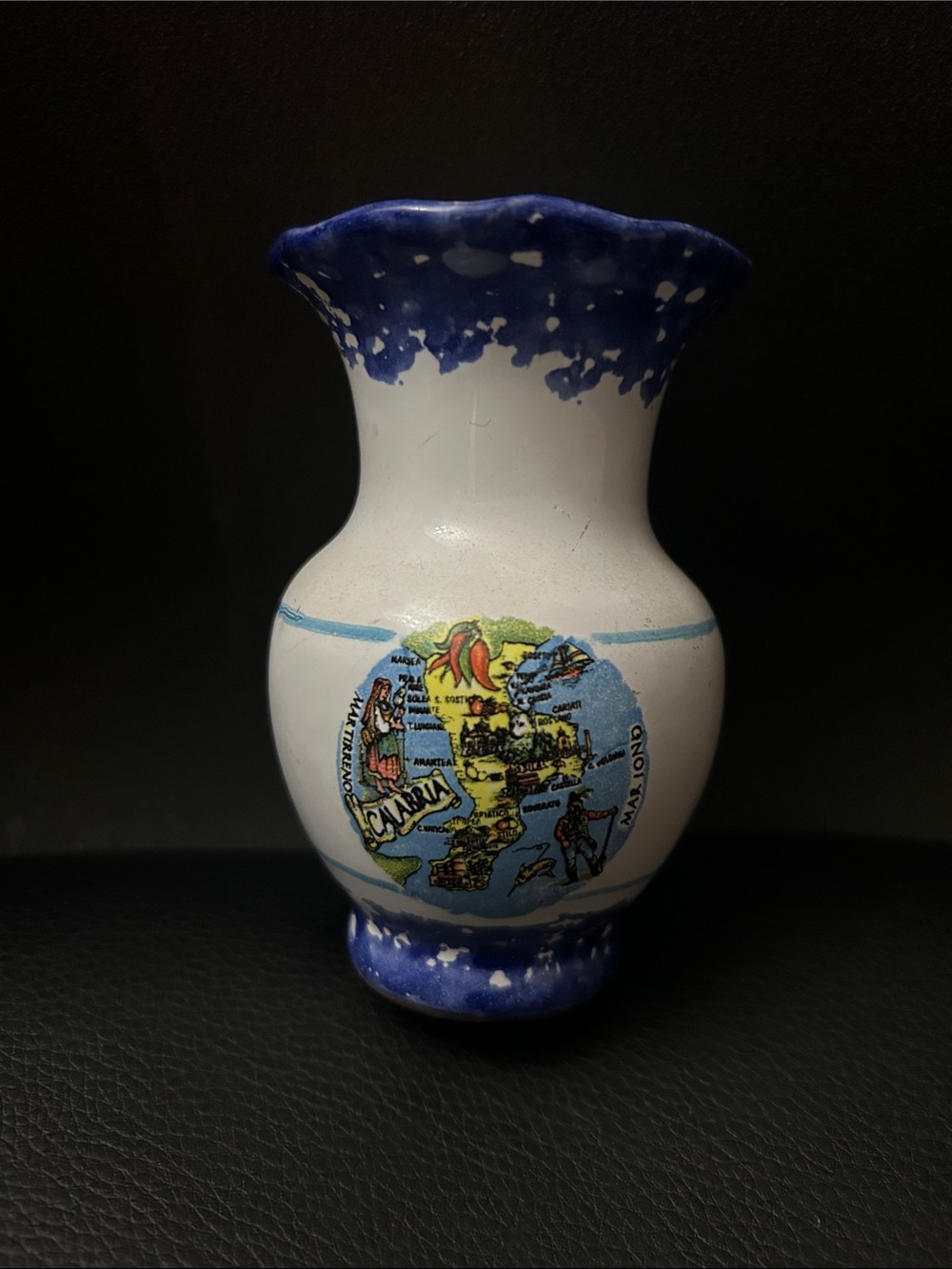 Vintage Italy Calabria Souvenir Mini Vase - Blue Spongeware Ruffled Top, Map